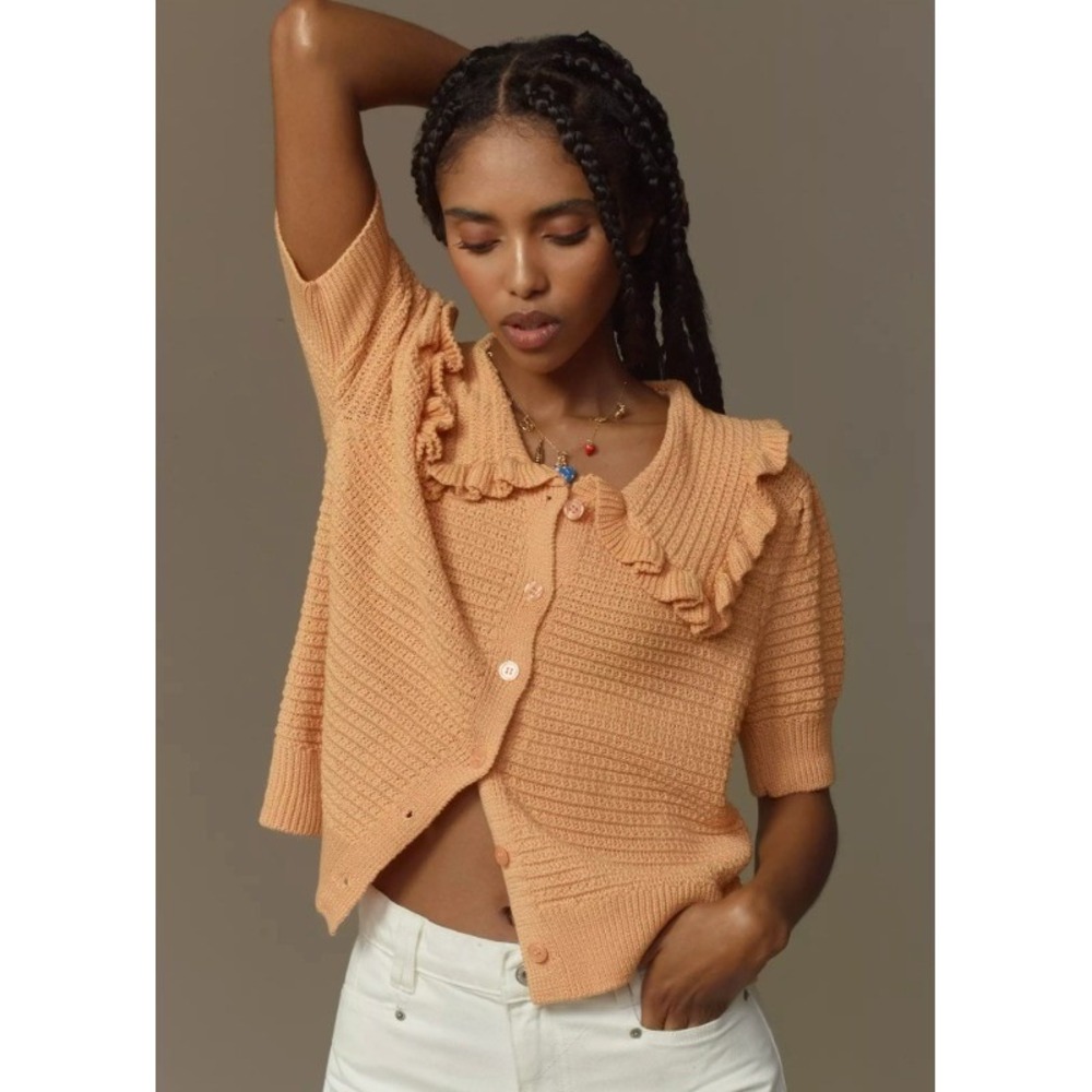 Self Contrast Ruffle Collar Cardigan Sweater Womens XL Yellow Knit Cropped